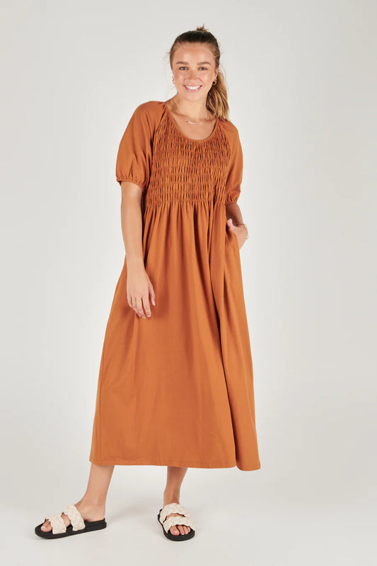 OTW  Shirred Bodice Dress - Caramel