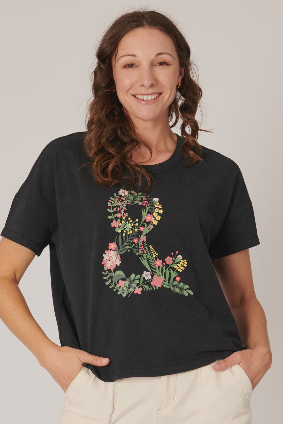 One Ten Willow Scoop Neck Drop Back Tee Black Floral Ampersand