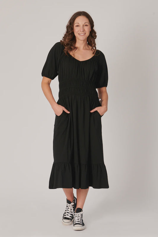 One Ten Willow Shirred Waist Midi Dress Black