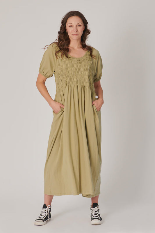 One Ten Willow Shirred Bodice Maxi Dress Khaki