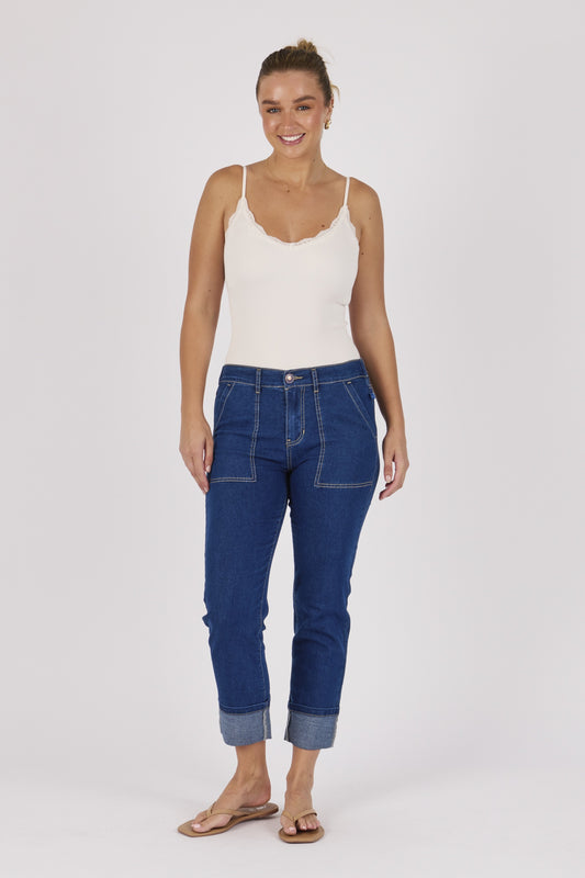 One Ten Willow Cuff Detail Straight Leg Jean - Dark Blue