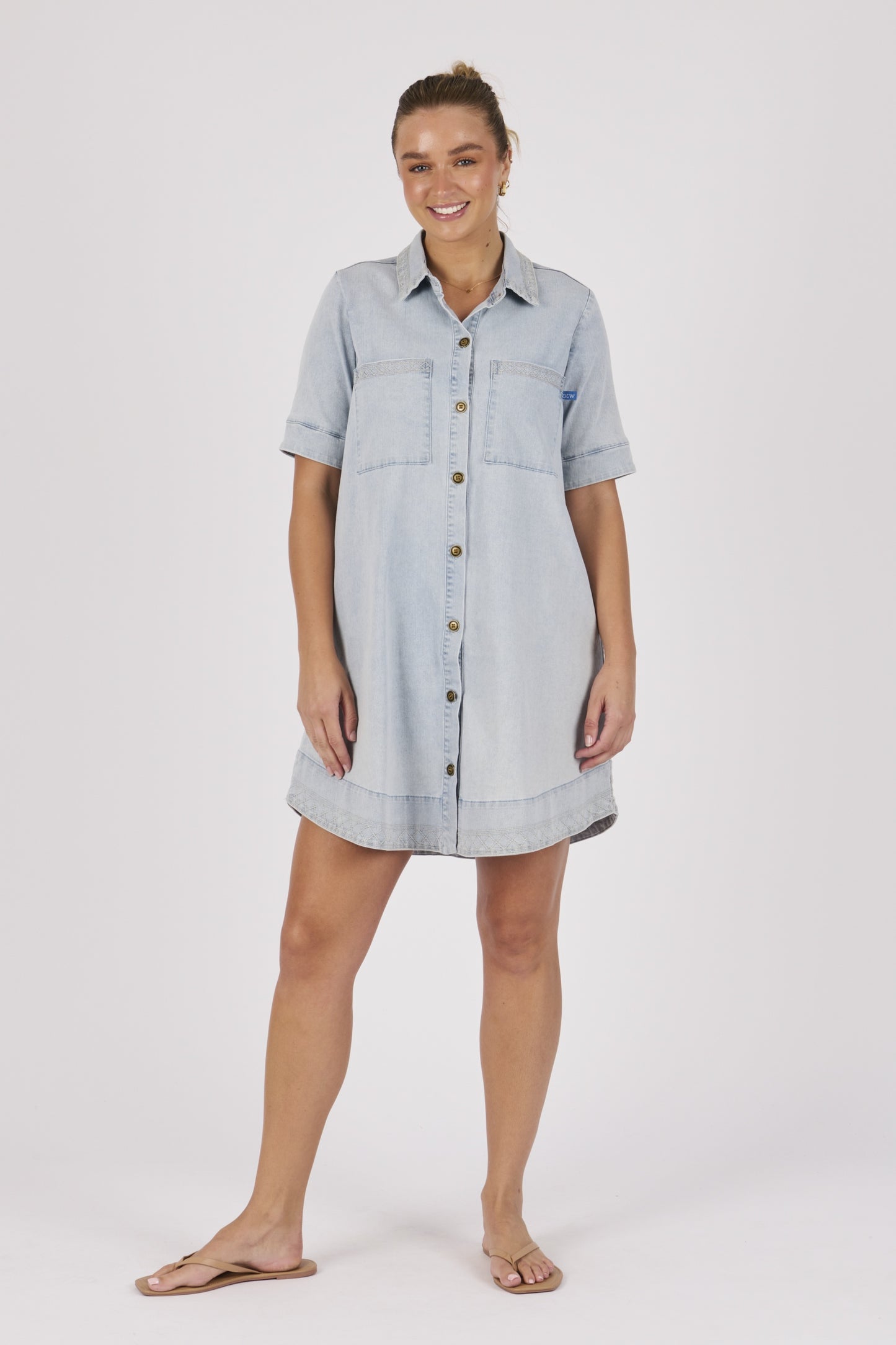 One Ten Willow Stitch Detail Button Through Dress - Light Blue