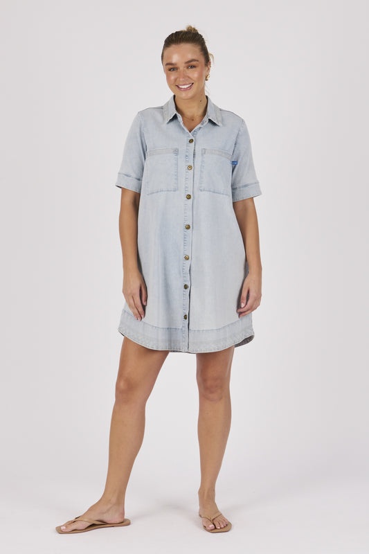 One Ten Willow Stitch Detail Button Through Dress - Light Blue