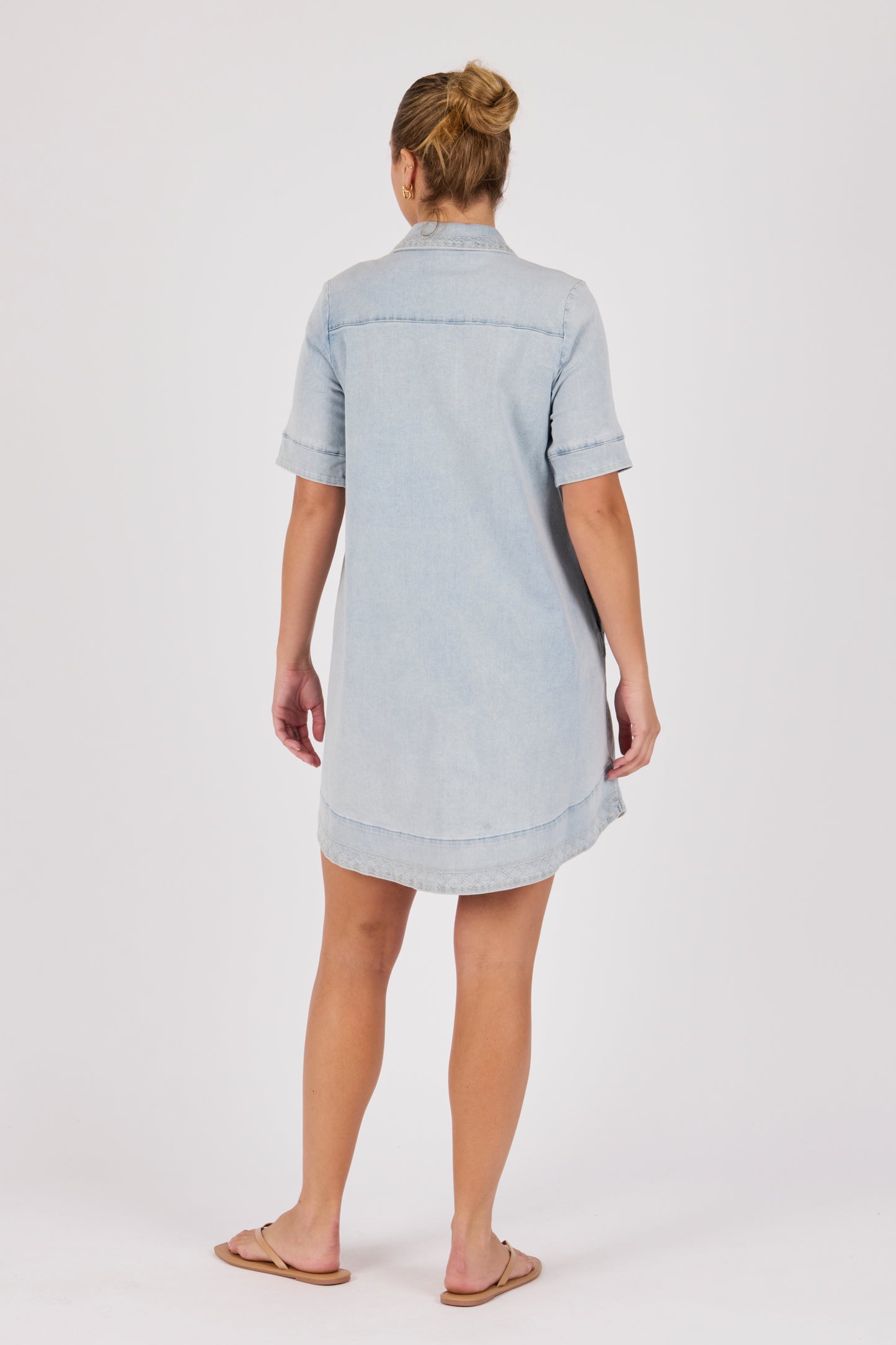 One Ten Willow Stitch Detail Button Through Dress - Light Blue