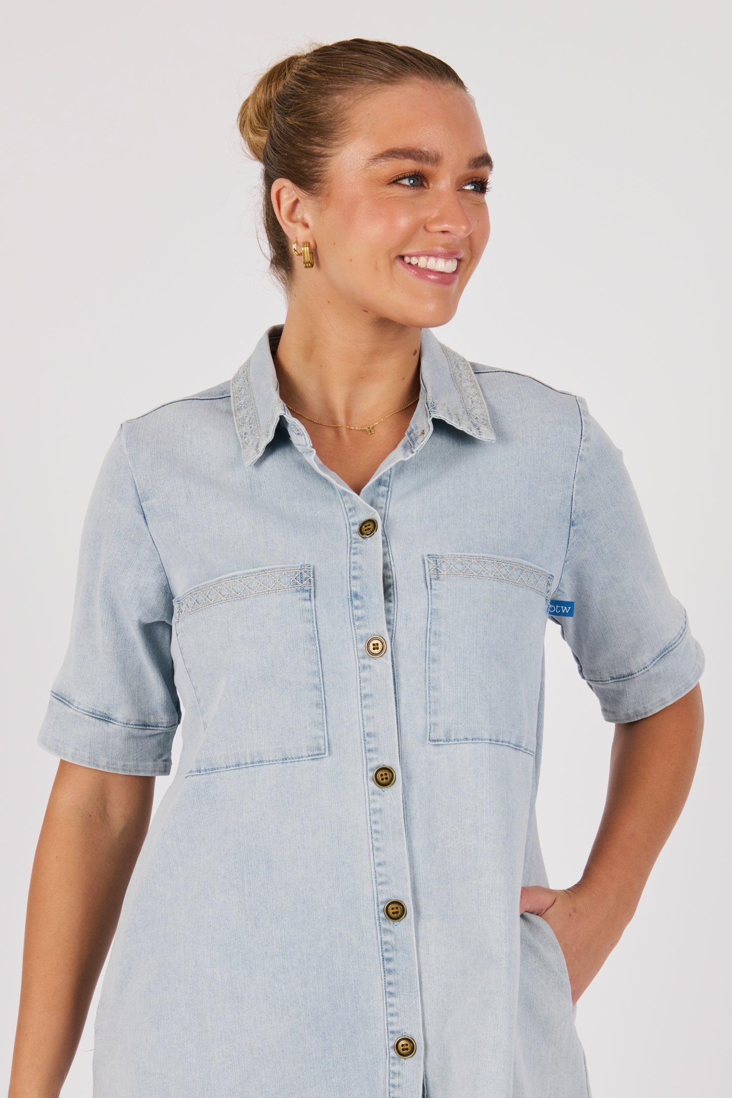 One Ten Willow Stitch Detail Button Through Dress - Light Blue