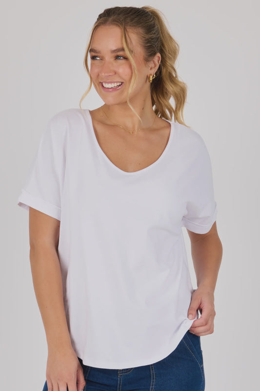 One Ten Willow V-Neck Curve Hem Tee Optic White
