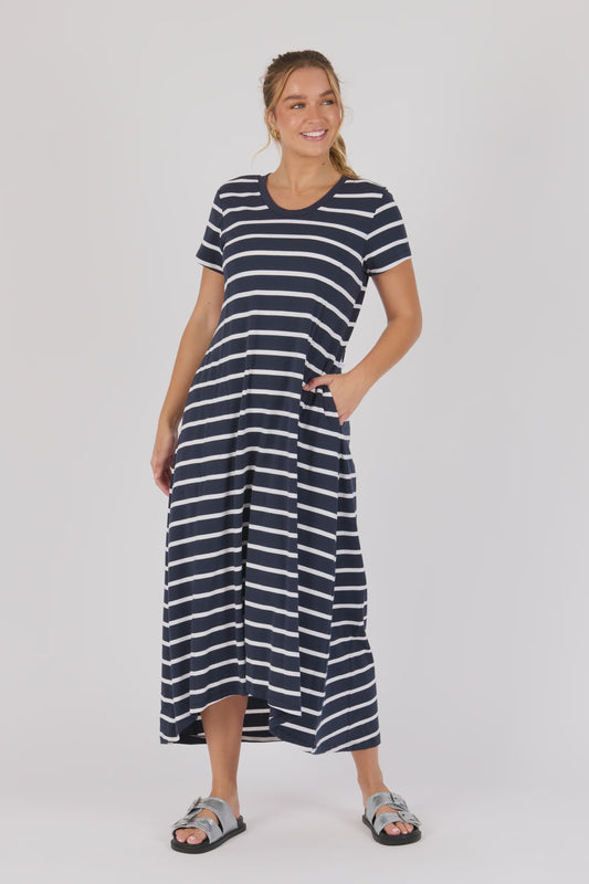 One Ten Willow Panel T Shirt Maxi Dress Navy/White Stripes