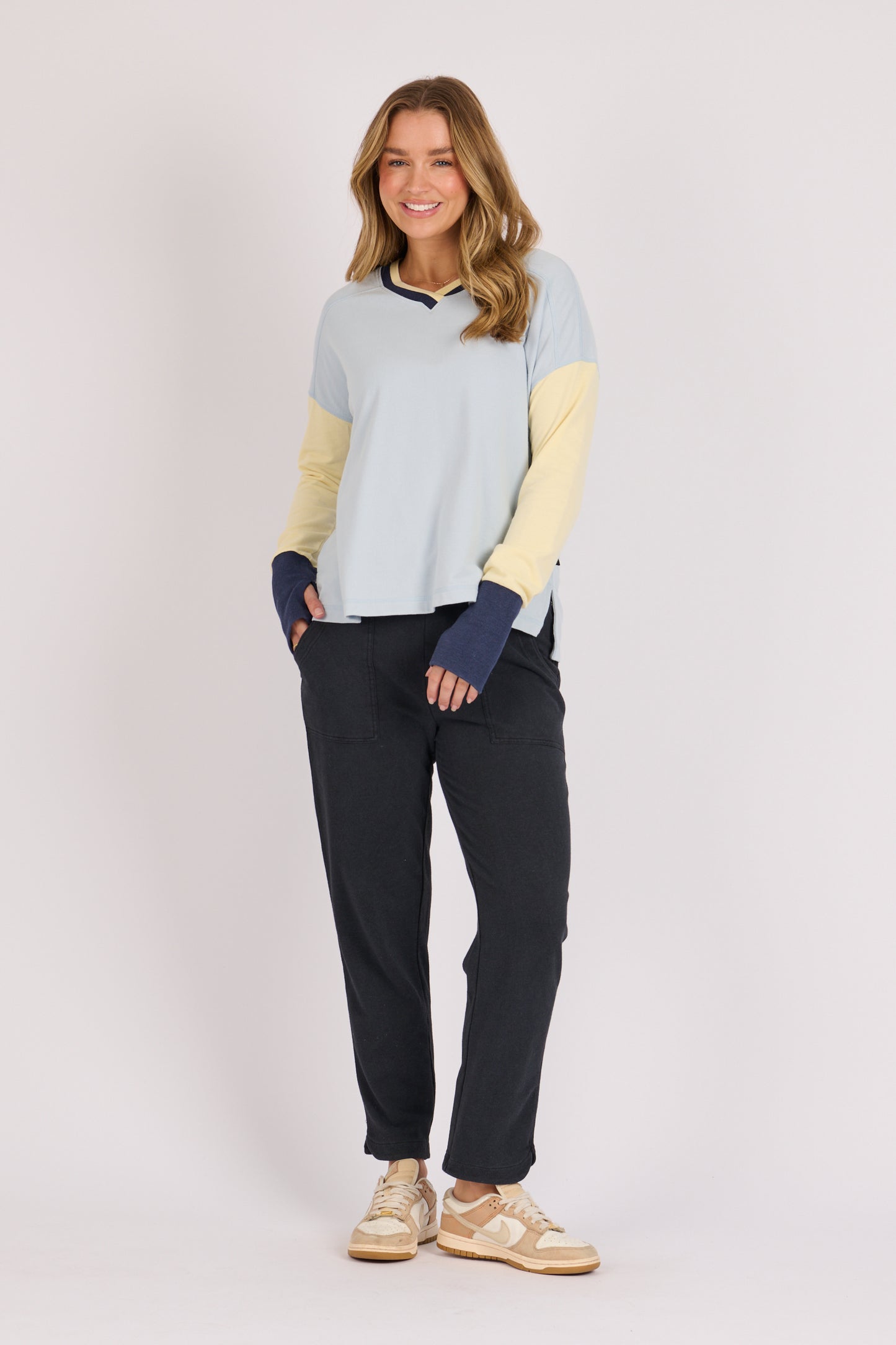onetenwillow Panel Detail L/S Tee -Blue Lemon Combo