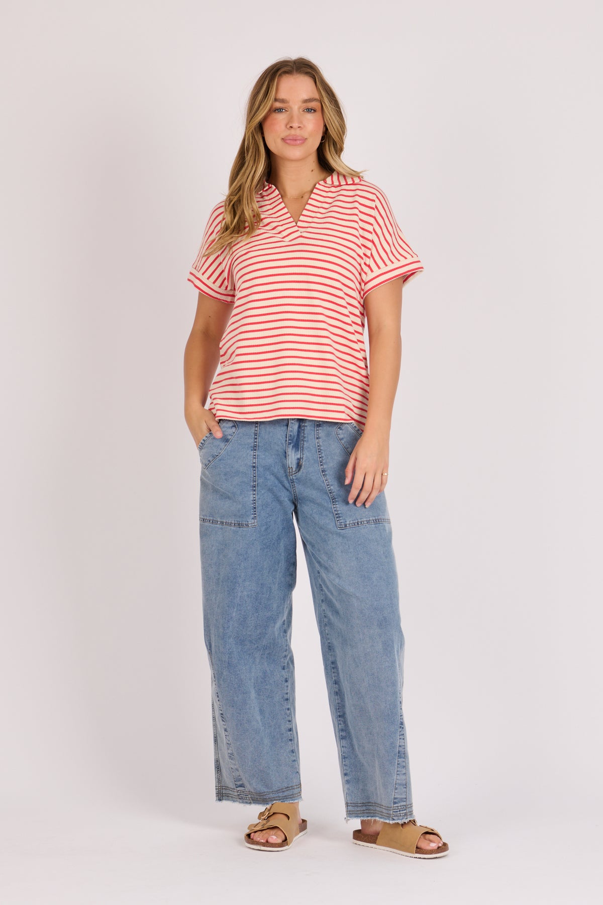 onetenwillow Collared Relaxed Tee - Berry Stripe