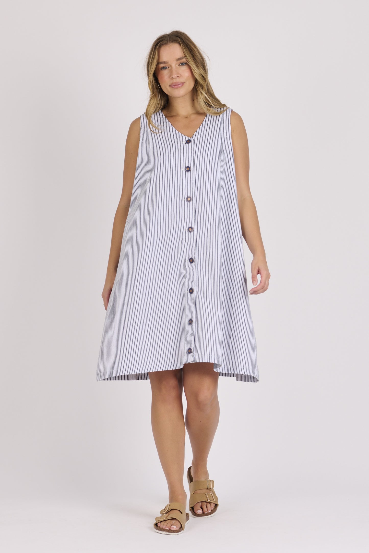 onetenwillow Button Through Sleeveless Dress - Blue Stripe