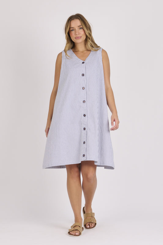 onetenwillow Button Through Sleeveless Dress - Blue Stripe