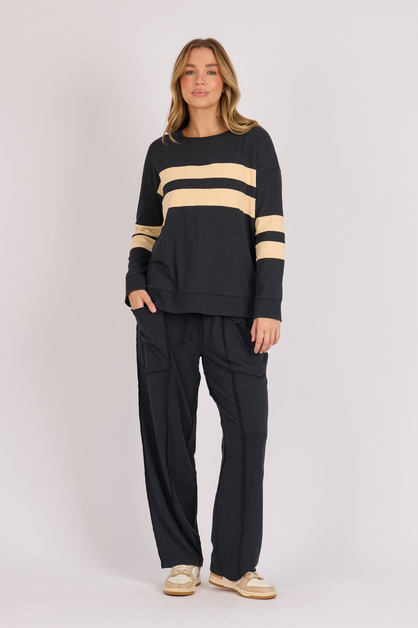 onetenwillow Panel Stripe Tee- Black Beige Stripe