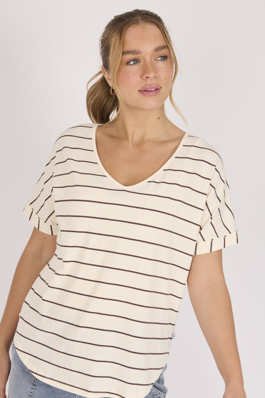 onetenwillow V-Neck Curve Hem Tee - Ecru/Choc Stripe