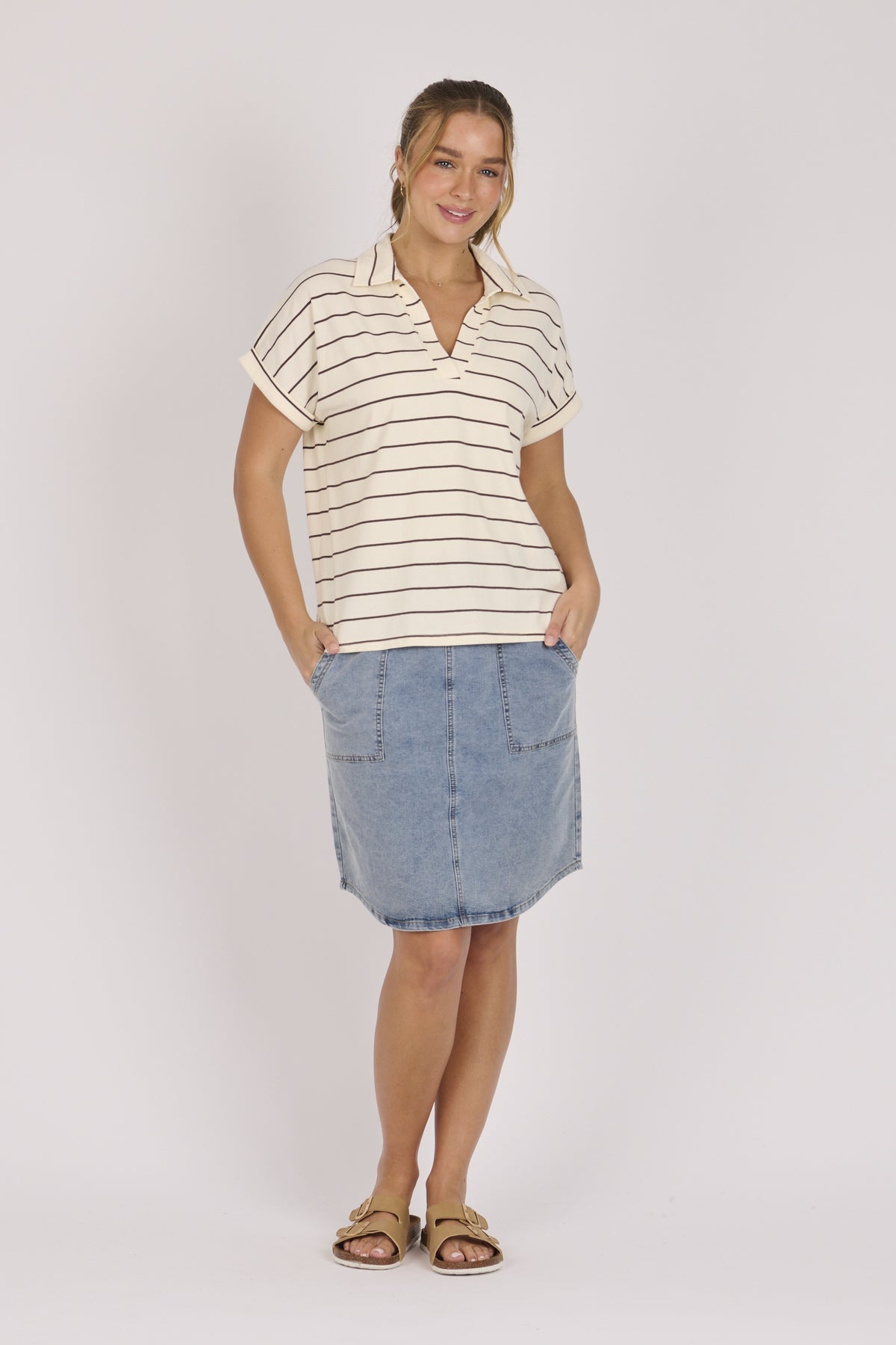 onetenwillow Collared Tee - Ecru/Choc Stripe