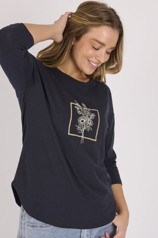onetenwillow 3/4 Sleeve Tee - Black Bouquet
