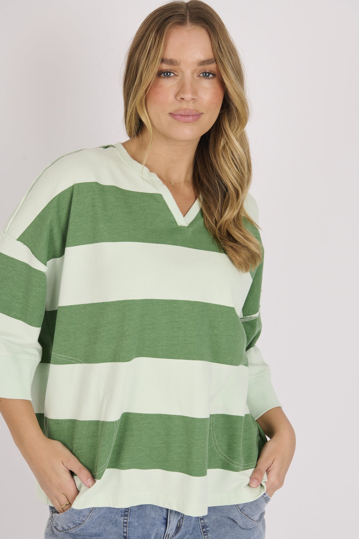 onetenwillow Half Sleeve Pop Over - Green/Blue Stripe
