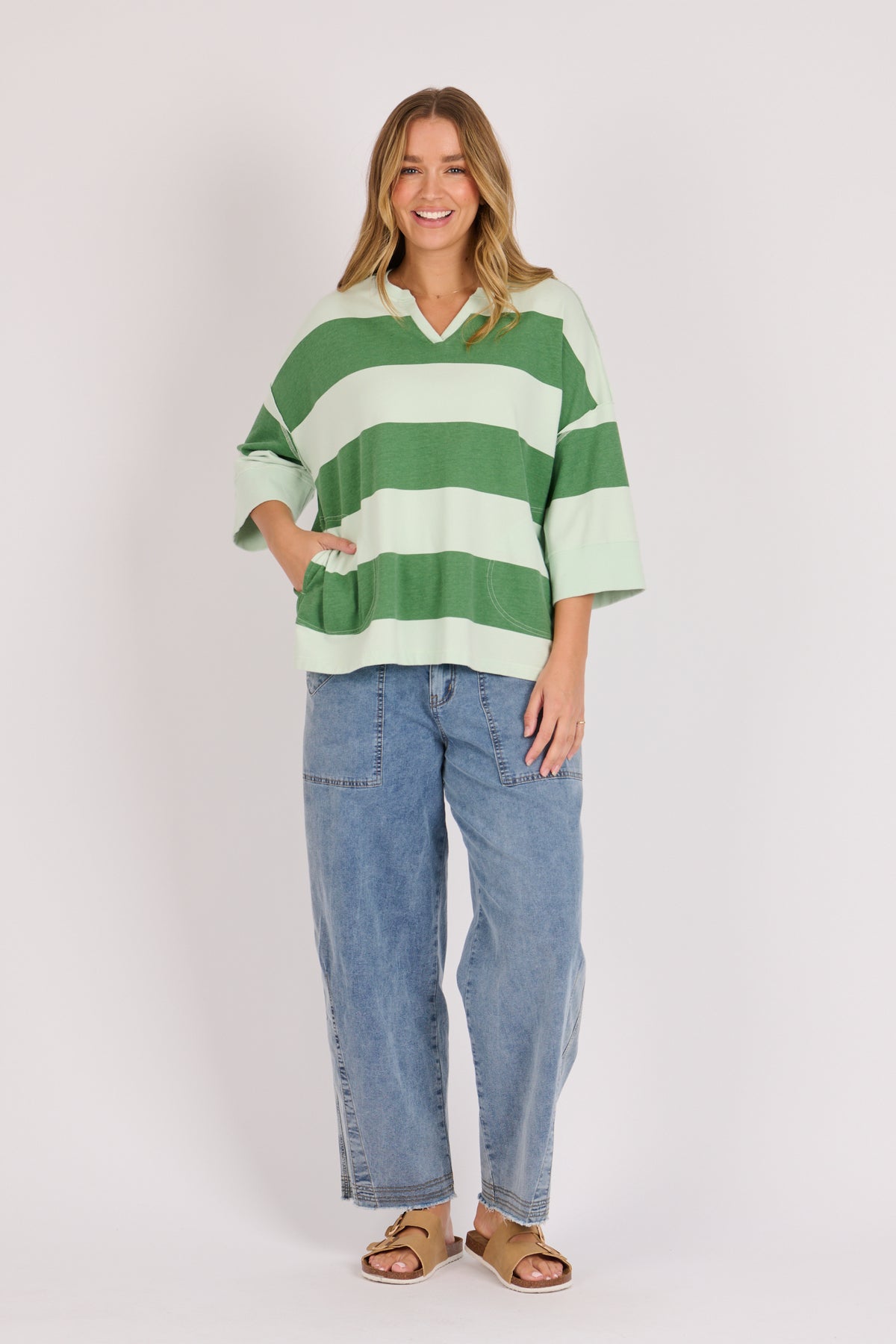 onetenwillow Half Sleeve Pop Over - Green/Blue Stripe