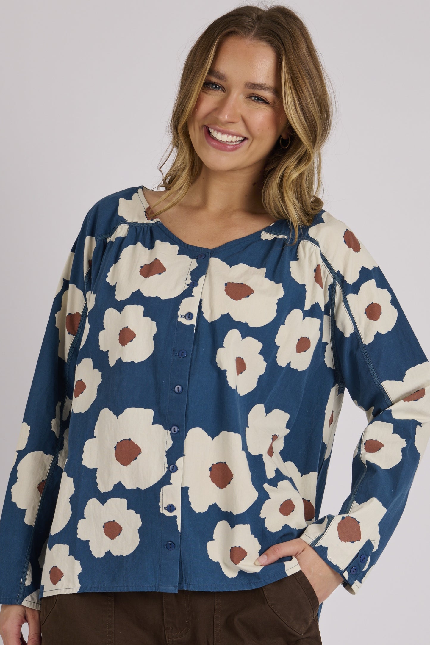 Ellis & Dewey V Neck Button Through Blouse - Blue Flowers