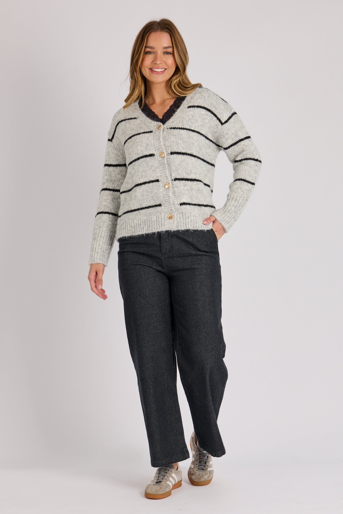 Ellis & Dewey Cardi - Grey/Black Stripe