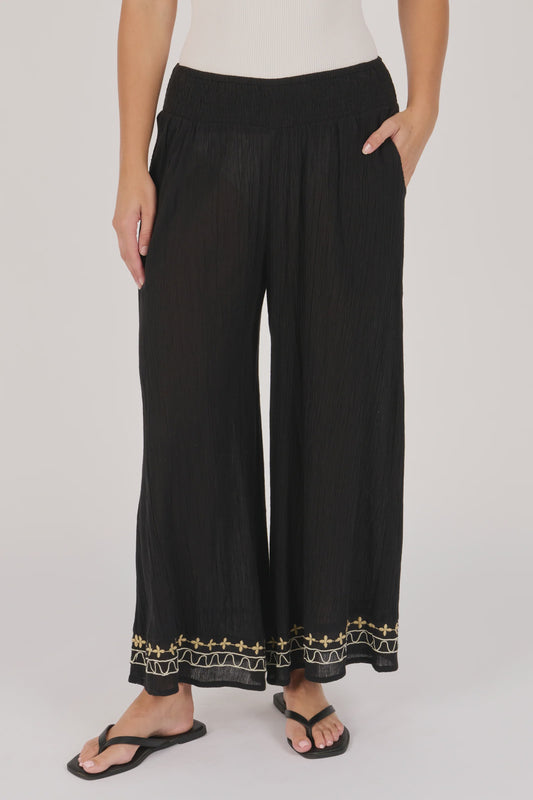 Ellis & Dewey Shirred Waist Wide Leg Pant Black