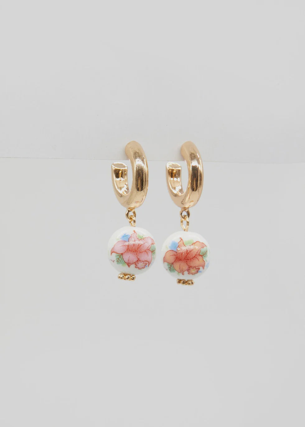 S+G Gold Hoops With Ceramic Pink Flower Balls