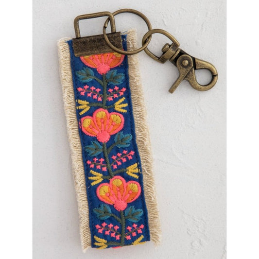 Natural Life Embroidered Key Fob- Indigo Pink