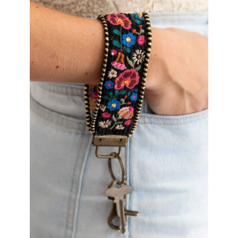 Natural Life Embroidered Key Fob - Black Folk Flower
