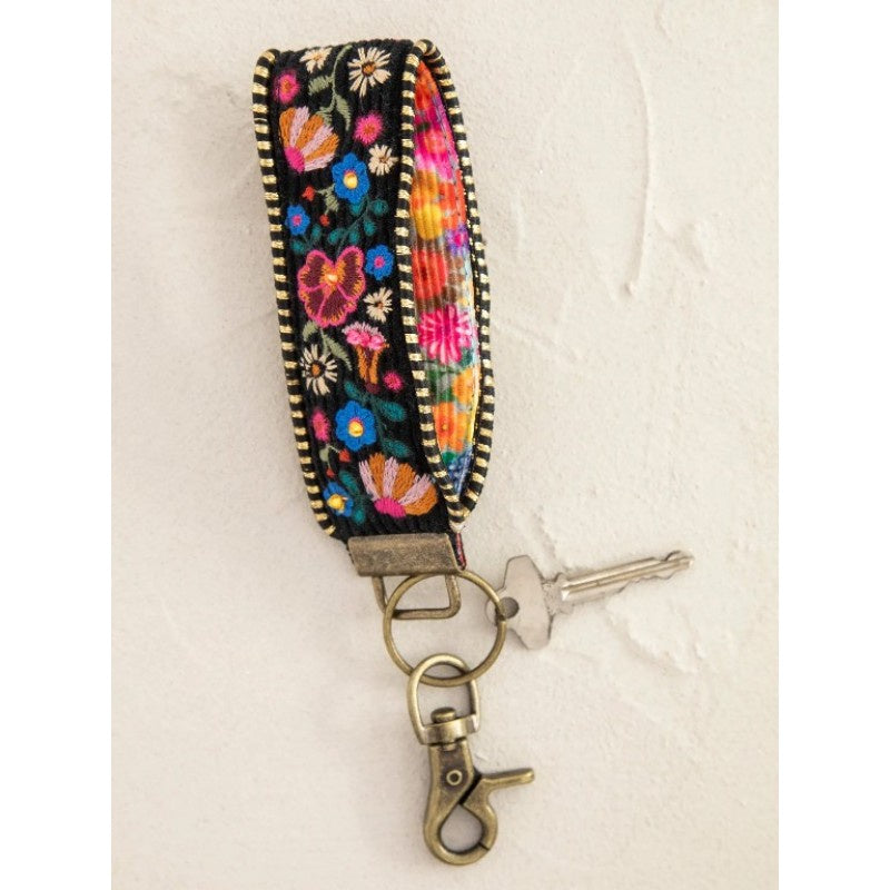 Natural Life Embroidered Key Fob - Black Folk Flower