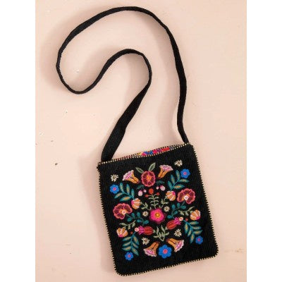 Natural Life Embroidered Crossbody Black Folk Flower Bag