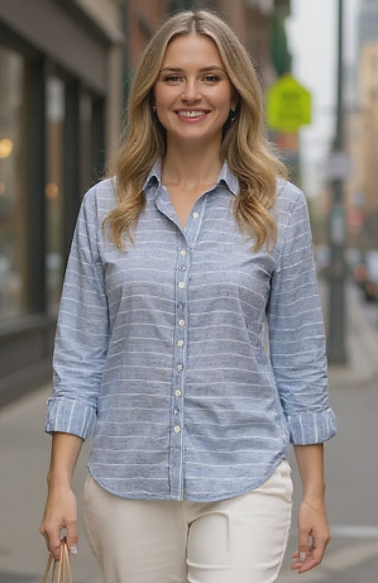 Cafe Latte 3/4 Sleeve Denim Stripe Shirt