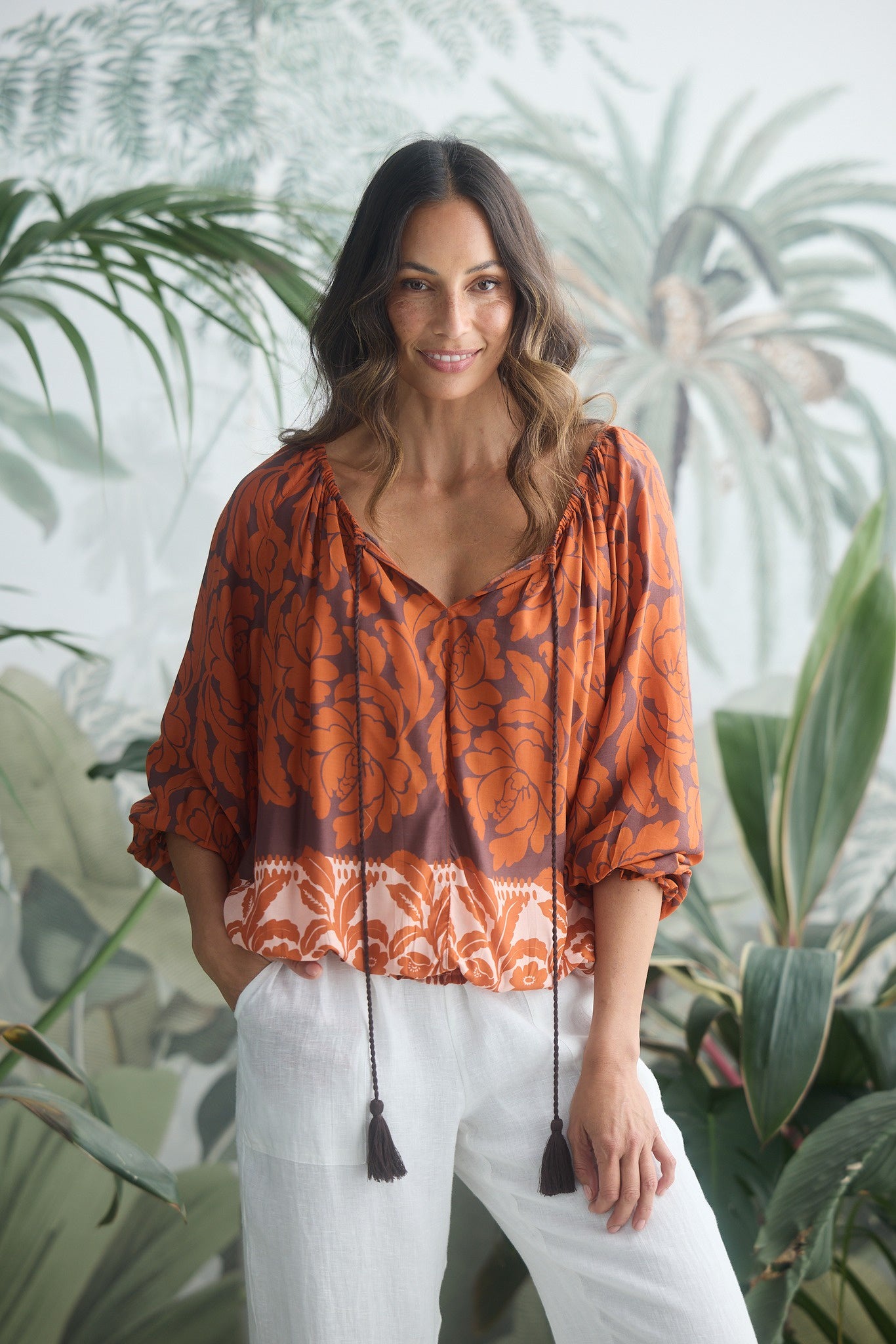 Holiday Seaside Top Tuscan Palm Print