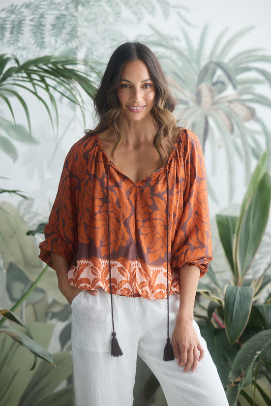 Holiday Seaside Top Tuscan Palm Print