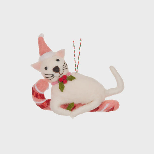 Holly & Ivy Wool Cream Cat With Candy Cane