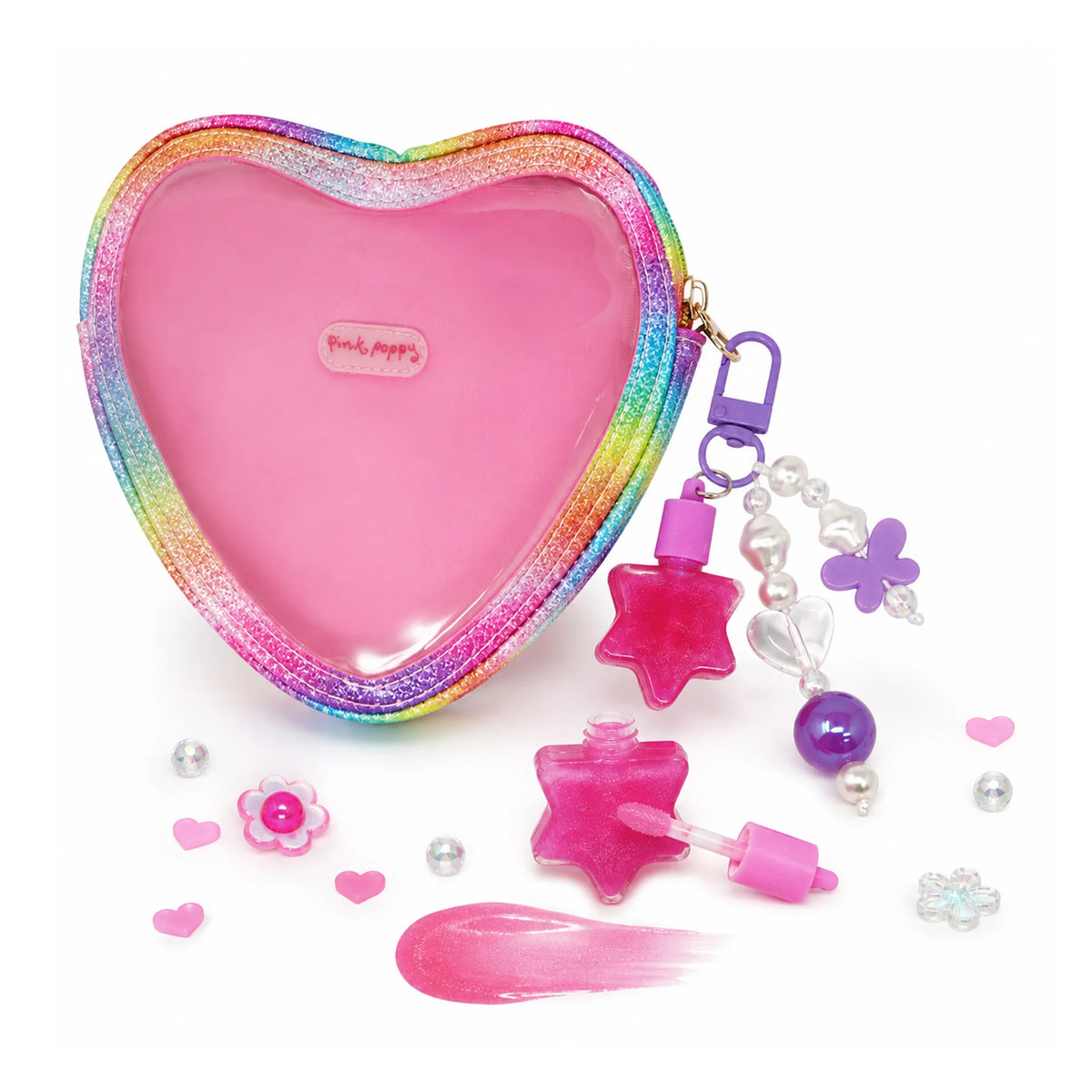 Pink Poppy Glitter Heart Cosmetic Case