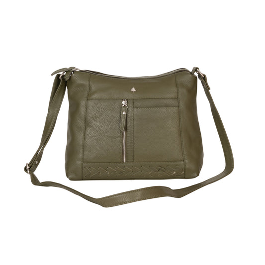 Greenwood Leather Savannah Woven Detail Crossbody Bag Olive