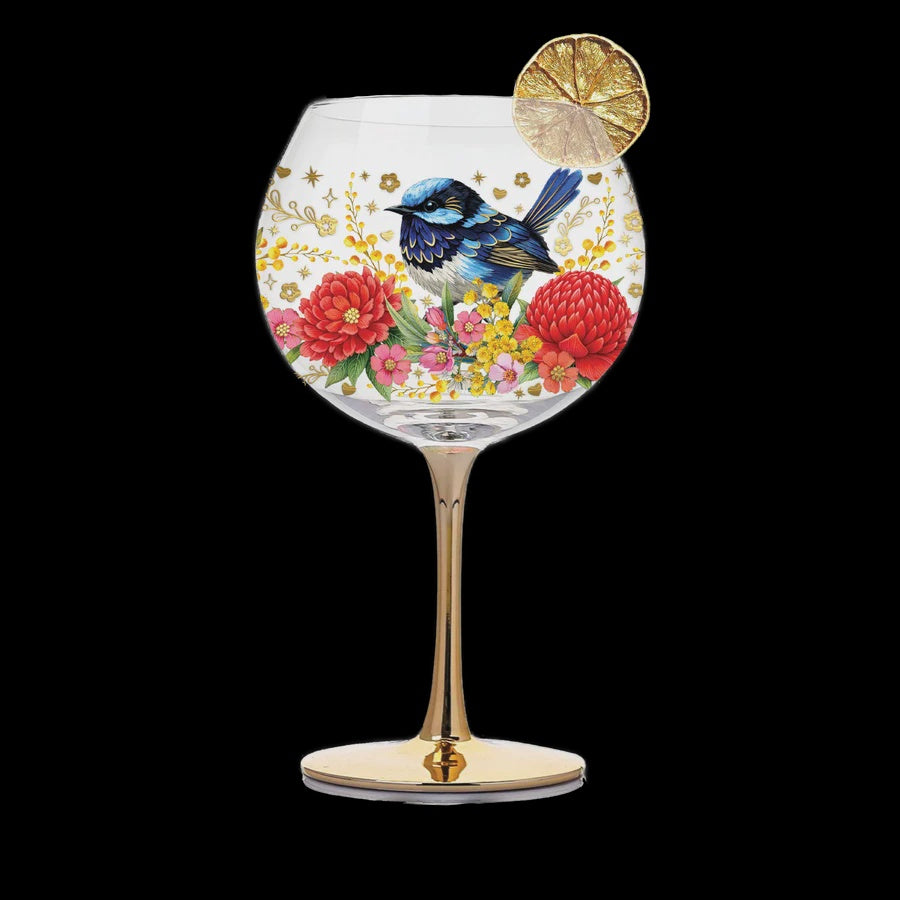 Lisa Pollock Golden Glamour Cocktail Glass - Floral Fairy Wrens