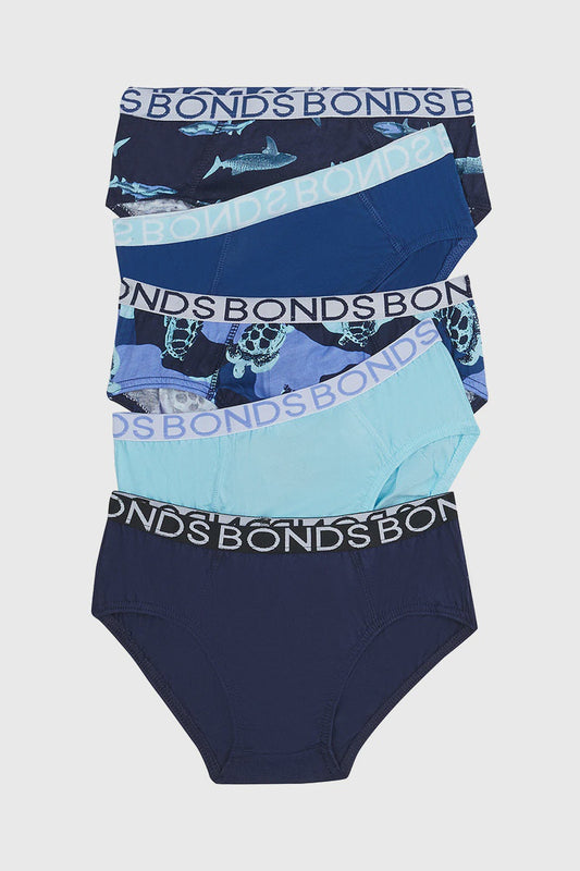 Bonds Boys Briefs 5 Pack Turtle Shark Blue