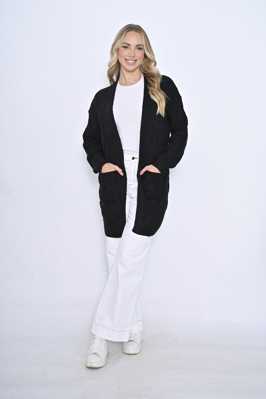 New U Collection Cardigan With Pocket Black Cable Knit