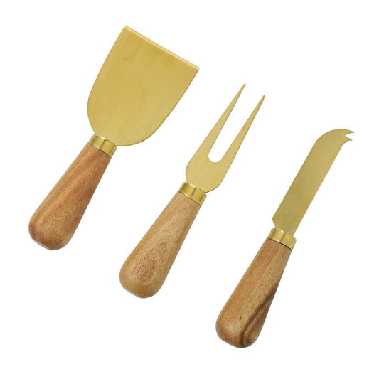 D&W Acacia & Brass Set/3 Cheese Knives