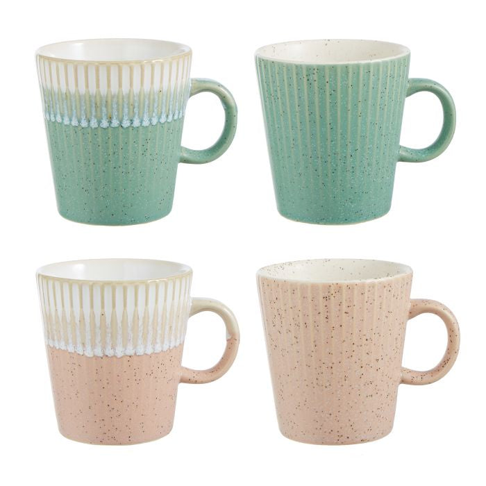 Leaf & Bean Fluted Mug Set Of Four Pink & Green