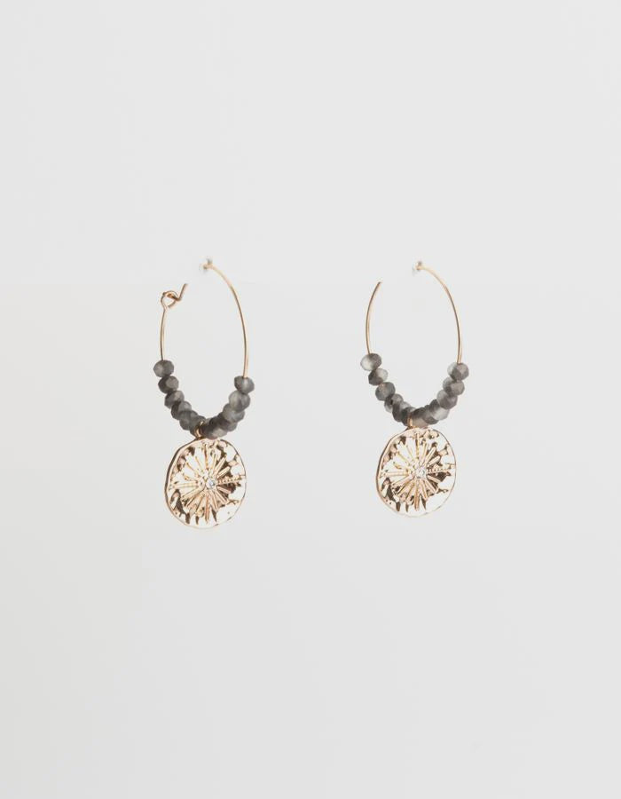 S+G Gold Wire Hoop Earrings w/ Grey Beads