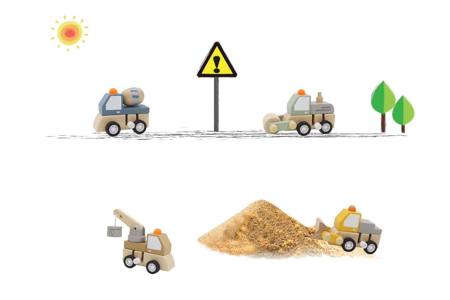 ToysLink Wooden Windup Construction Trucks 4 styles