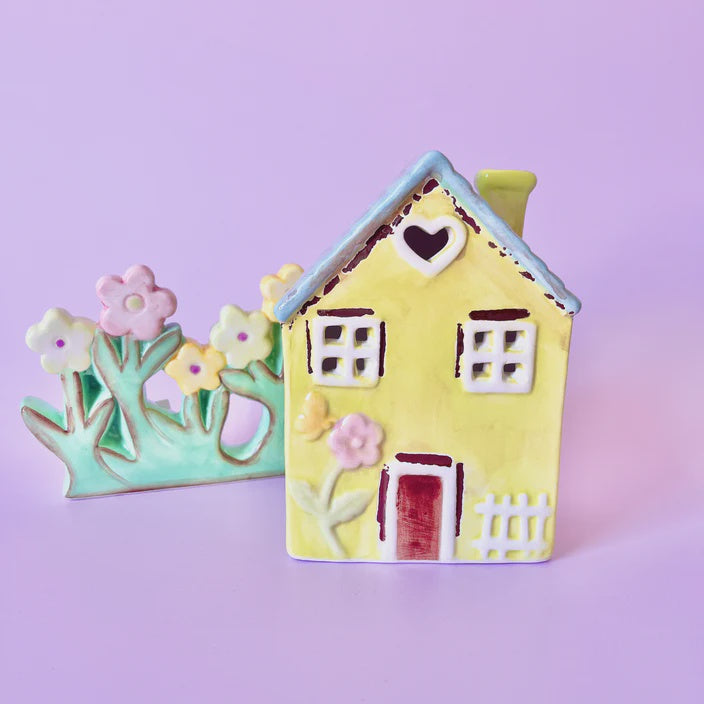 Yellow Rock Tea Light House Yellow/Green With Butterfly