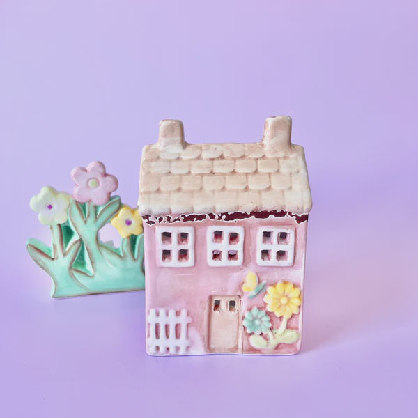 Yellow Rock Tea Light House Pink With Butterfly