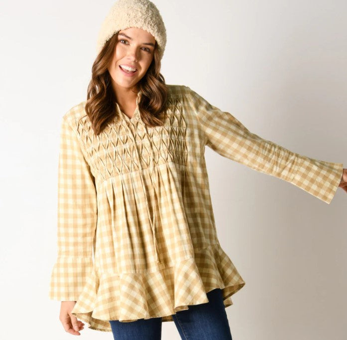 E&D Smocked Yoke Blouse- Almond Gingham