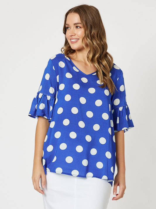 Threadz Spot Frilled Sleeve Top Cobalt