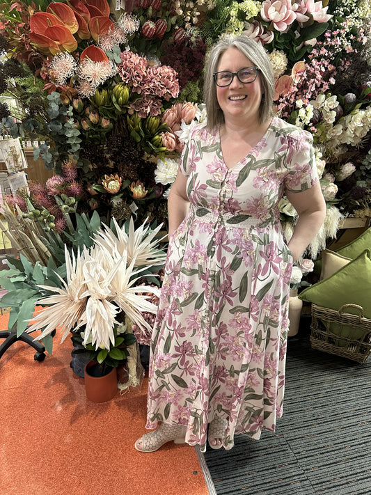 Caroline Morgan Cap Sleeve Floral Print Button Through Maxi Dress With Shirred Waistband