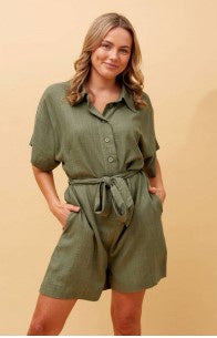 Style Me Over Emily Button Front Short Sleeve Playsuit Khaki