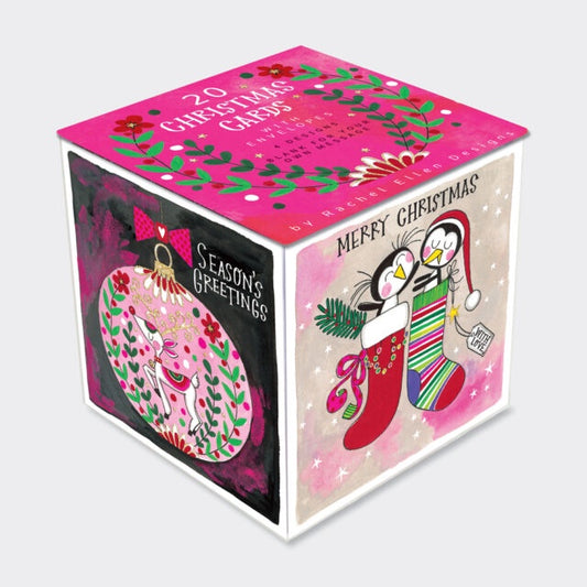 Rachel Ellen 20 Christmas Cards Cube Set - Penguins & Reindeer