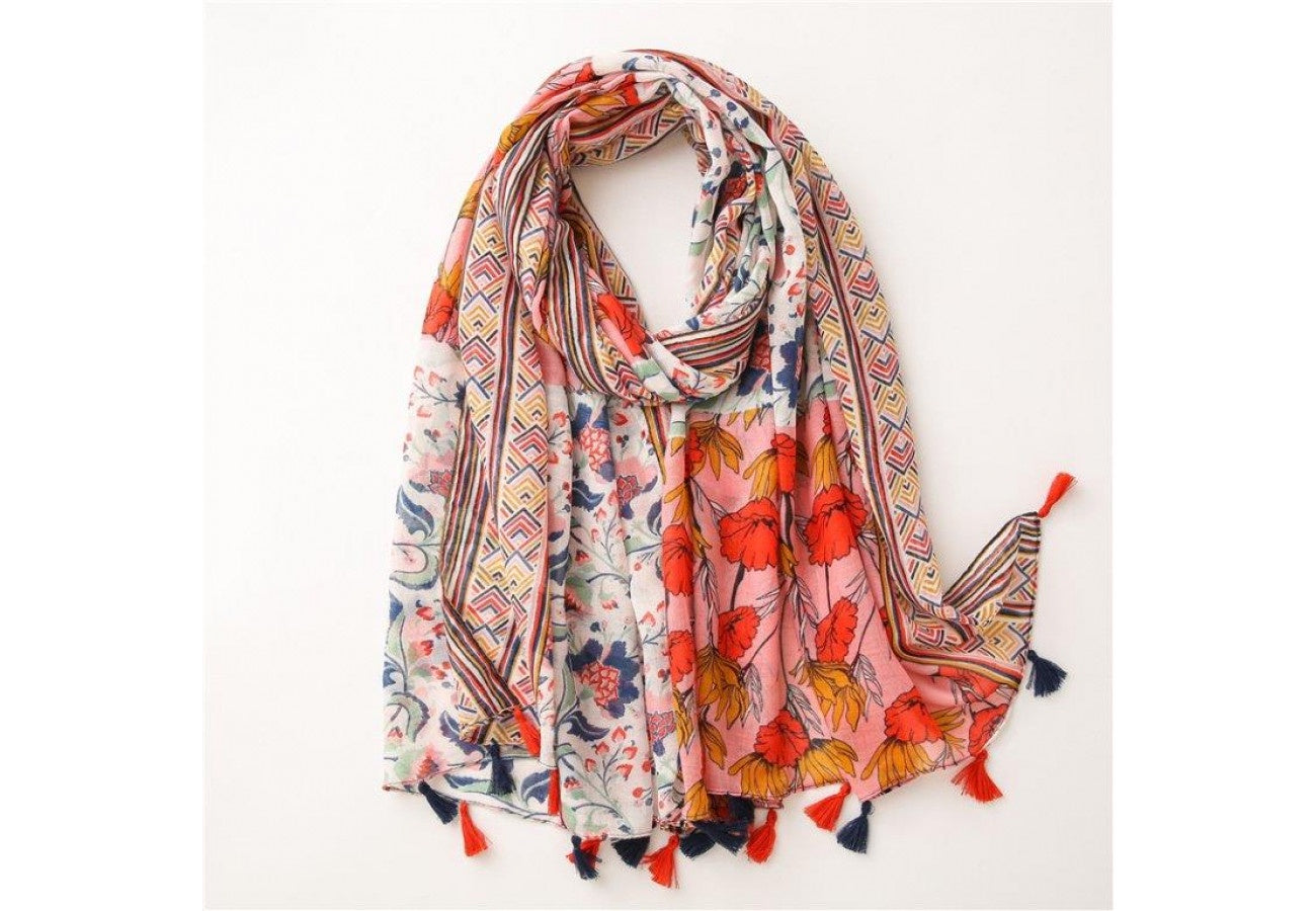LillyCo Poppies  and Pattern Tassel Scarf